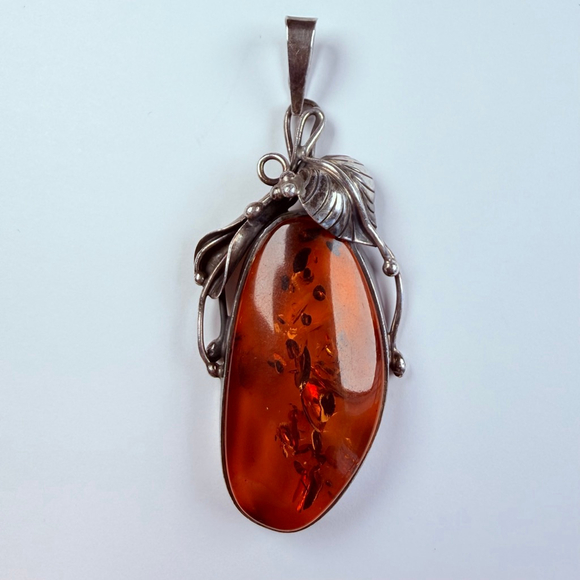 15.75 CT Baltic Cognac Amber Art Nouveau Sterling Silver 925 VTG 2.6